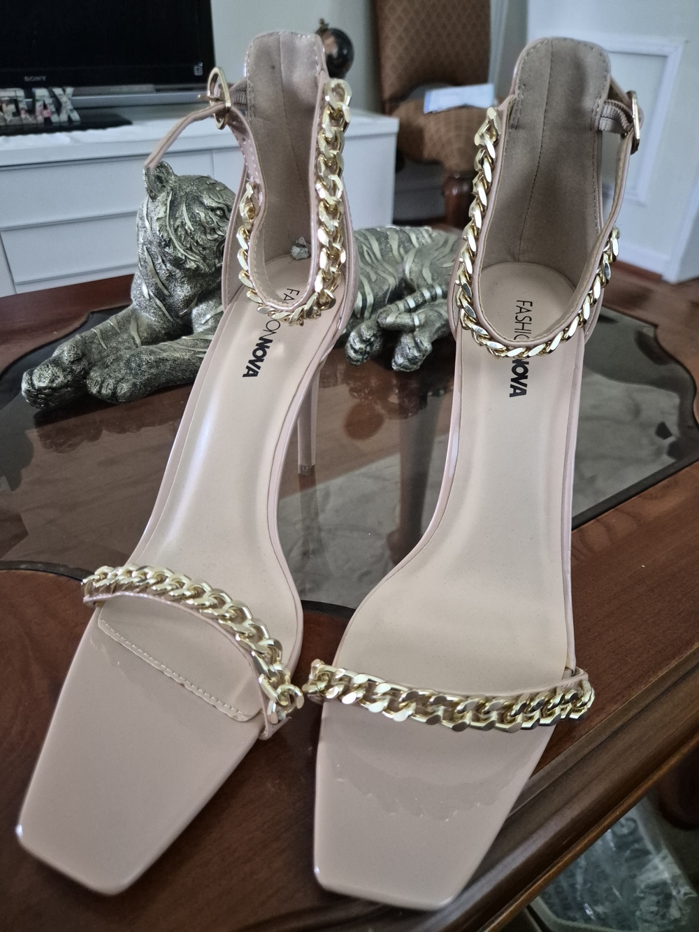 Fashion Nova Women's Nude Chain-Accent Stiletto Sandals